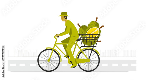 Illustration Of A Cyclist Delivering Durian Fruits on A Sunny Street