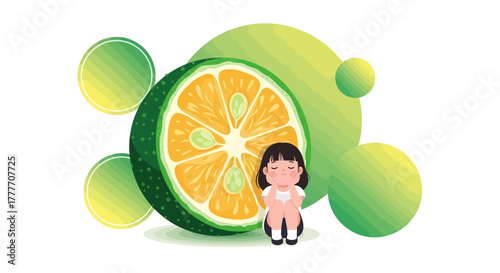 Illustration Of A Cute Little Girl Meditating In Front Of A Large Citrus Fruit Slice