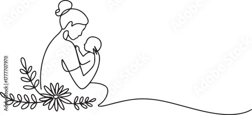 Seated Mother with Baby Line Art Drawing, Botanical Elements Minimal Style Vector
