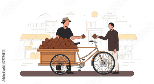 Illustration Of A Fruit Seller Selling His Goods To A Customer Beside a Bicycle