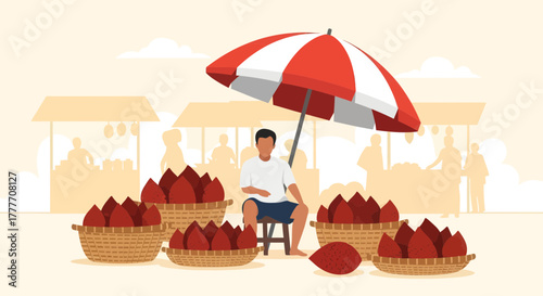 Illustration Of A Fruit Vendor Selling Exotic Salak Fruit At A Tropical Market
