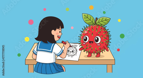 Illustration Of A Girl Painting A Rambutan Cartoon With Its Animated Matching Counterpart