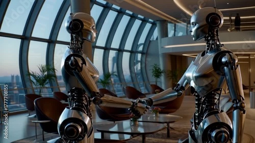 Futuristic humanoid robots shaking hands in a modern office lobby with panoramic city views symbolizing artificial intelligence