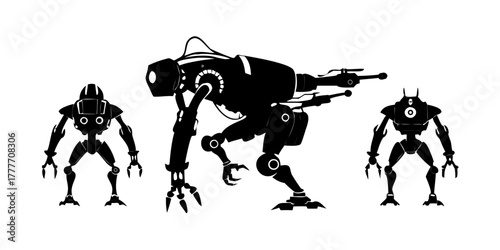 Classic robot illustration vintage art silhouette of a retro futuristic android on white background.