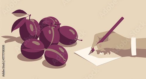 Illustration Of A Hand Writing Around Plums Abstract, Creative And Modern Art Style