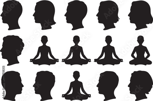 Human Head Silhouettes and Meditation Poses Collection