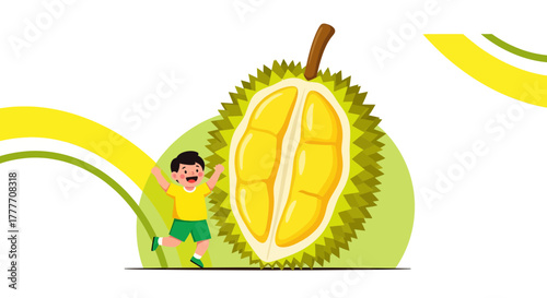 Illustration Of A Happy Boy Near A Giant Durian Fruit: A Delightful Vector Design