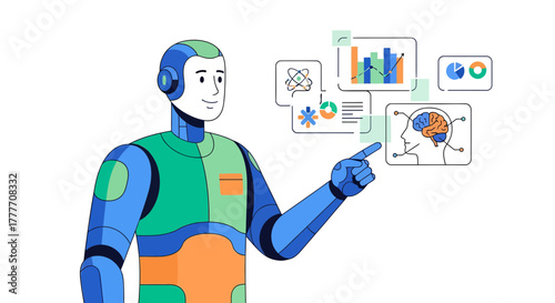 Illustration Of A High Tech Robot Pointing To Data Displaying Infographics In A Minimalist Style