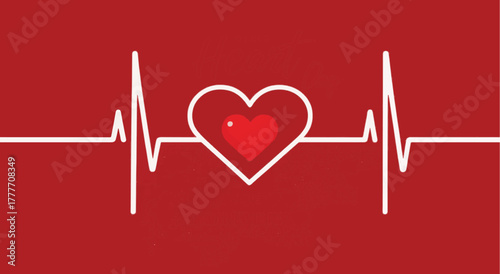 heartbeat line and heart icon on red background, ecg or ekg monitoring medical vector illustration