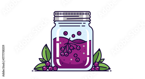 Illustration Of A Jar Filled With Fresh Berry Jam And Green Leaves
