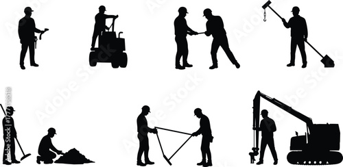 excavation, surveying, heavy machinery, labor force, sitel, compact vehicle, excavator, hook, handshake, mapping, digging, infrastructure, engineering, black vector, job site, construction scene