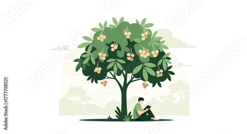 Illustration Of A Man Reading Under A Fruit Tree Surrounded By Serene Natural Beauty