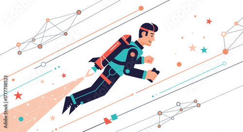 Illustration Of A Man Riding High With Rocket Technology And Futuristic Elements