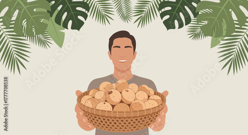 Illustration Of A Man Smiling And Carrying A Wicker Basket Filled With Fruits