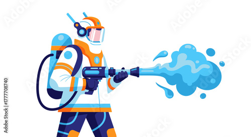Illustration Of A Person In A Hazmat Suit Holding A Water Gun Spraying Water