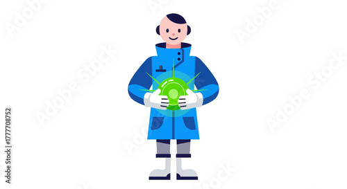 Illustration Of A Person Holding Radiating Orb, Contemporary Flat Vector Design