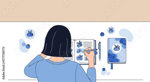 Illustration Of A Person Journaling Recipes With Blueberry Illustrations And Notebook