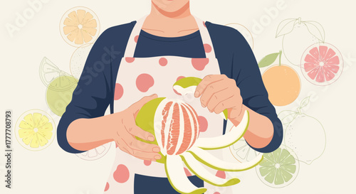 Illustration Of A Person Peeling Citrus Fruit, Fresh and Healthy Cooking Concept
