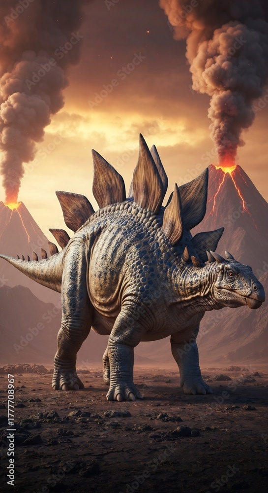 Fototapeta premium Stegosaurus stands before erupting volcanoes under a smoky sky