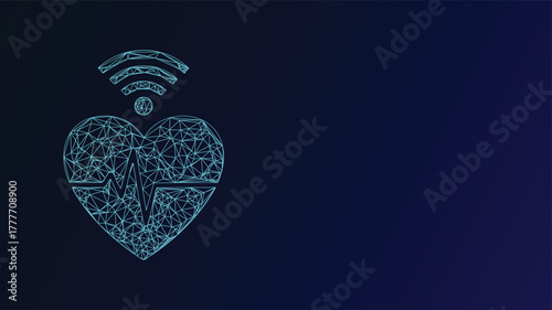 Digital Heartbeat: A Modern Representation Of Healthcare Technology with Wireless Connectivity and Low Poly Art Style Against A Deep Blue Gradient Background