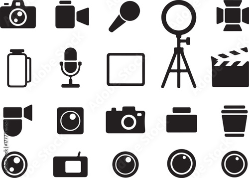 Set of Black Icons for Photography and Videography Equipment