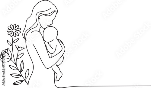 Line Art Mother and Baby with Flowers: Minimalist Mom Hugs Child One Line Drawing Art