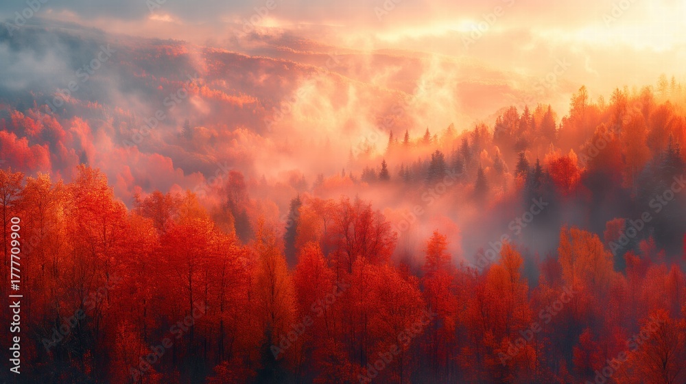 Naklejka premium Vibrant red and orange autumn trees frame a majestic, cloud-shrouded gray mountain under a dramatic sky.