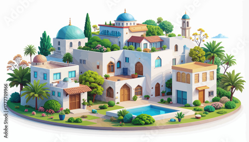 Middle eastern village with domes and lush gardens