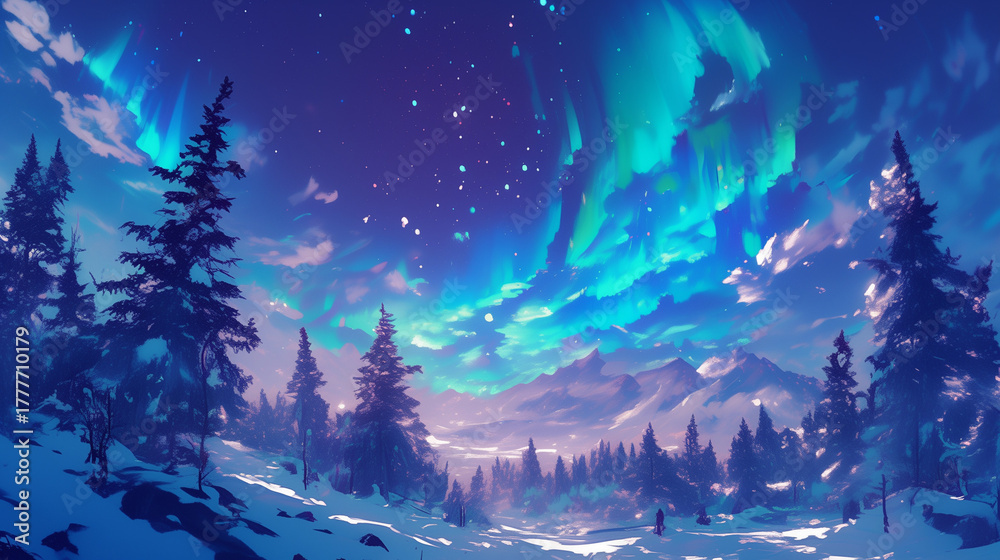 Naklejka premium オーロラが輝く、雪に覆われた森の幻想的なイラスト