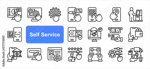 Self service icon set with Automation, Digitalization, Kiosk, QR code, Virtual assistant, Contactless payment, Efficiency simple line vector.