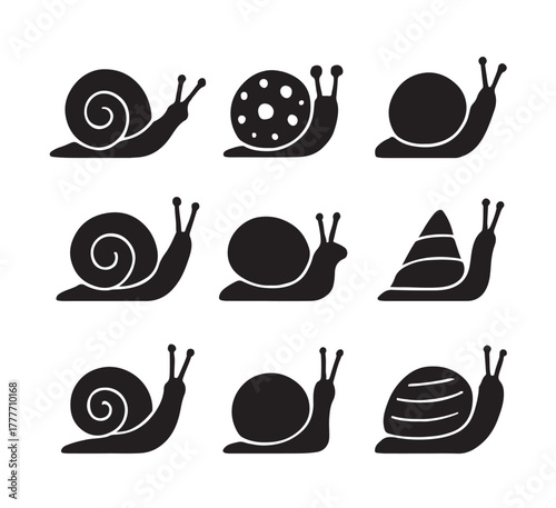 Nine black snail icons set with various shell designs and forms