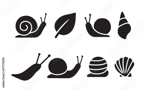 Snail slug and shell icons with a leaf silhouette set vector