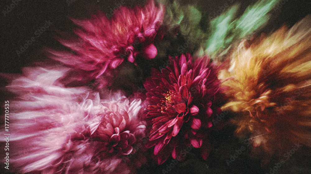 Naklejka premium Vintage Motion Blur Floral Still Life with Red Chrysanthemums in Vase