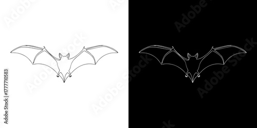 Elegant outline illustration of a spooky bat with open wings. Isolated black and white vector graphic symbol for horror or gothic themes