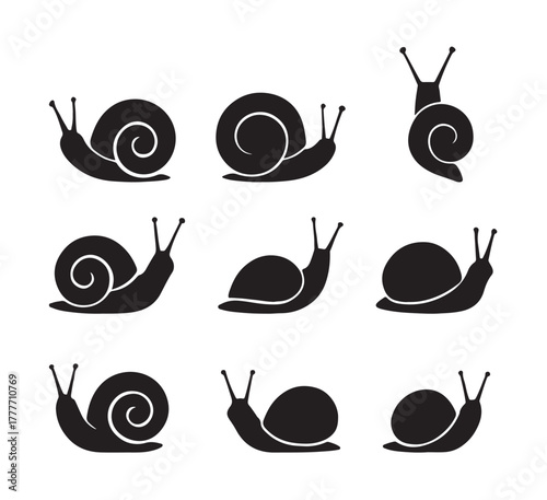 Set of nine diverse snail silhouettes on a clean white background