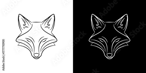 Symmetrical fox head line art illustration in black and white. Modern minimalist vector logo design of a wild animal face