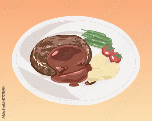 Delicious Western food: hamburger patties, steak, beef, mashed potatoes, tomato, vegetables