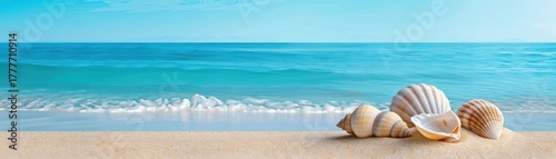 Wallpaper Mural Serene beach scene with seashells on sand and gentle waves under a clear blue sky. Torontodigital.ca