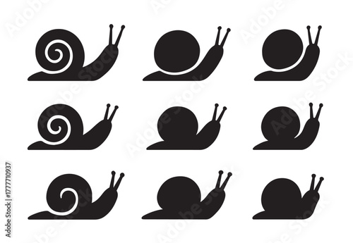 Black snail silhouettes on white, various shell types, vector icons
