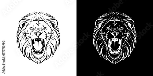 Powerful roaring lion head in a black and white vector graphic style, an aggressive and majestic mascot for a logo or emblem design