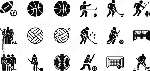 Collection of sport icons representing various athletic activities and games isolated on transparent background