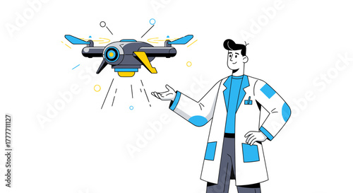 Illustration Of A Scientist Showing A Drone In A Modern Graphic Design Style