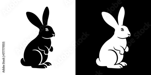 Black and white illustration of a rabbit against contrasting backgrounds, showcasing its silhouette