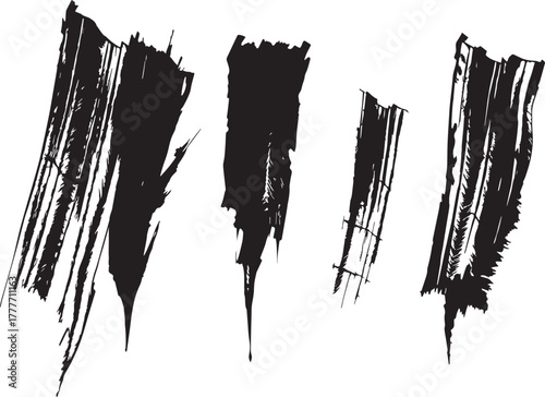 Brush set. Vector black paint brush spots, highlighter lines or felt-tip pen marker. Ink smudge abstract shape stains and smear set with texture