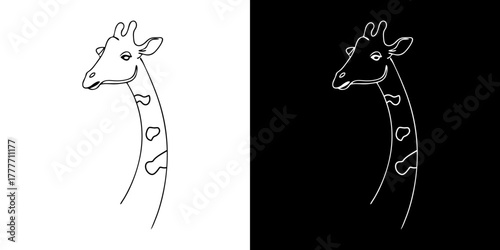 Line art giraffe head in positive and negative space variations, outline illustration