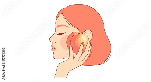 Illustration Of A Woman Holding A Peach Gently Next To Her Face With Closed Eyes