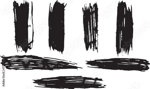 Brush set. Vector black paint brush spots, highlighter lines or felt-tip pen marker. Ink smudge abstract shape stains and smear set with texture