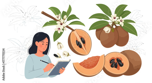 Illustration Of Sapodilla Fruit With A Woman Sketching And Detailed Vector Elements