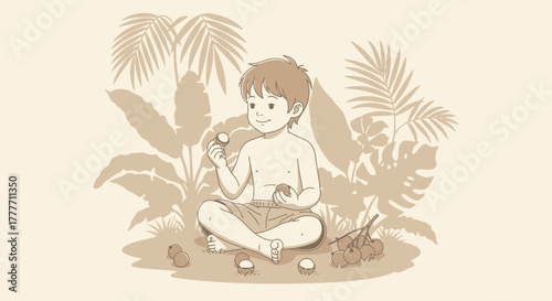 Illustration Of A Young Boy Eating Fruit In A Lush Tropical Setting