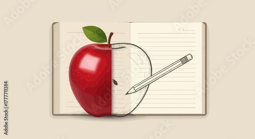 Illustration Of An Apple Half Drawn and Realism Residing on Open Notebook Pages